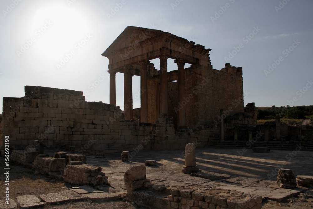 Fototapeta premium Temple in the ancient city of Dougga, Tunisia/ Ancient temple of the Romans in Dugga, Tunisia