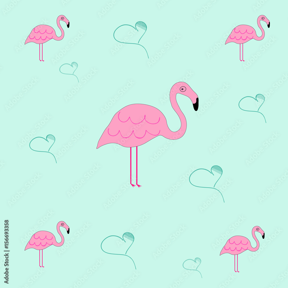 Naklejka premium seamless tileable texture with flamingo and hearts - blue background