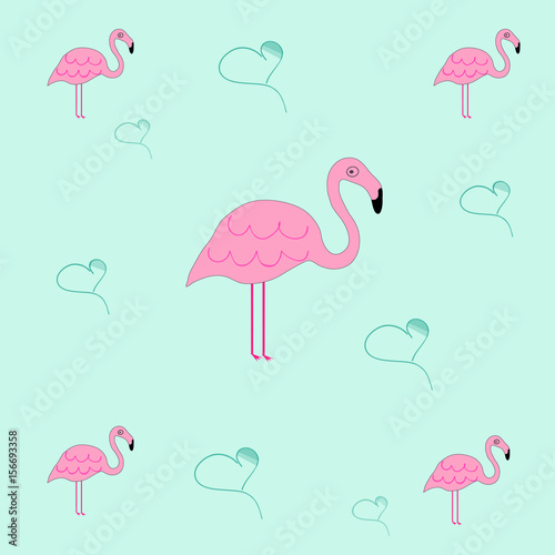 seamless tileable texture with flamingo and hearts - blue background