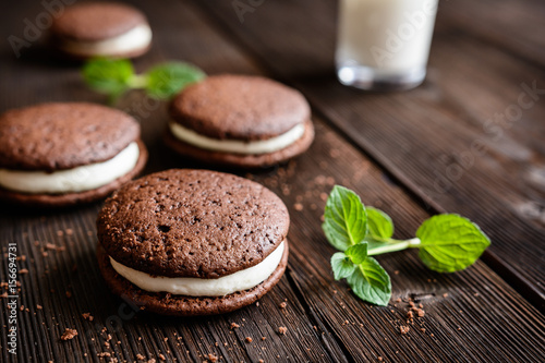 Traditional chocolate Whoopie pies filled with cream
