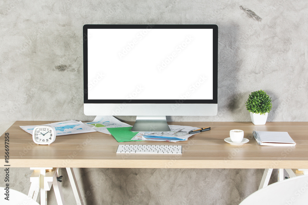 Fototapeta premium Creative desktop with white pc