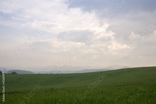 Sunset on meadow with hills and tree. Slovakia