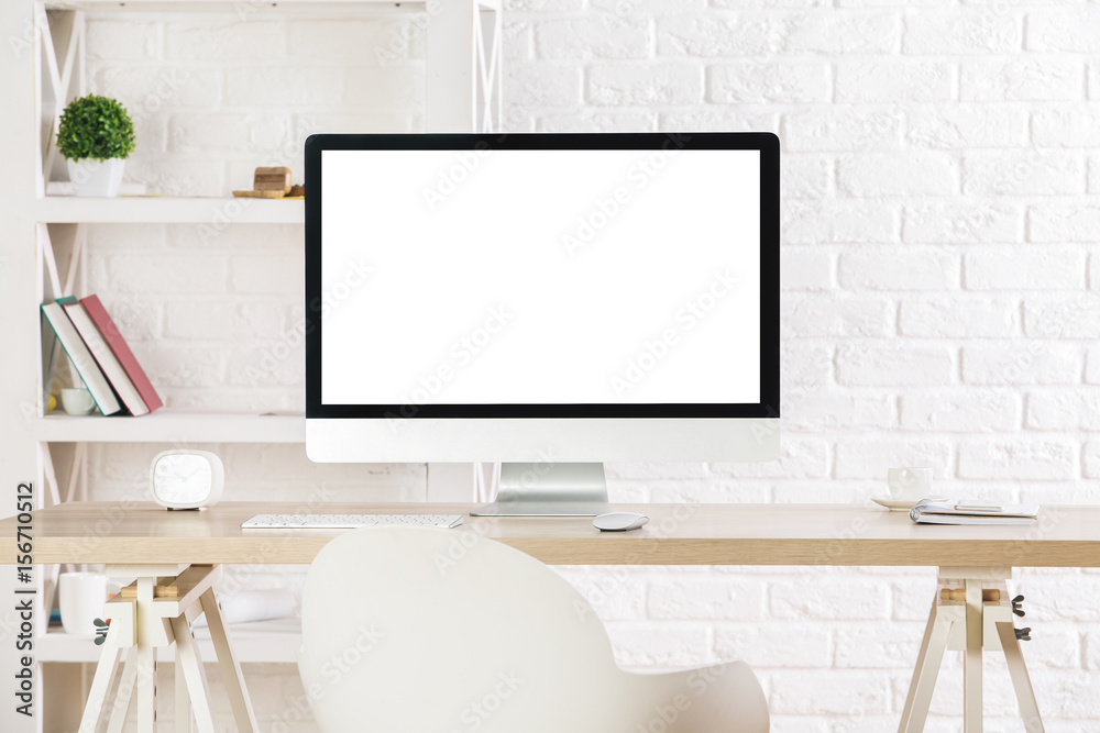 Fototapeta premium Creative designer desktop with white pc