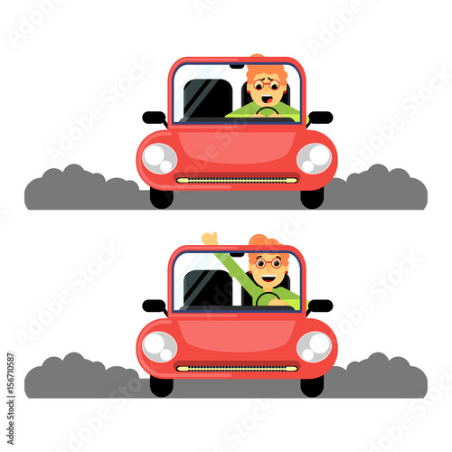 Woman first time behind the wheel of the red car. Caricature. Stock vector.