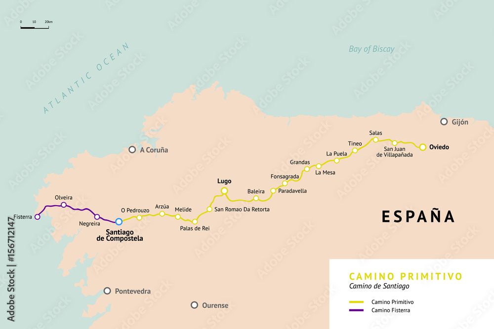 Camino Primitivo map. Original route from Oviedo. Camino De Santiago or The  Way of St.James. Ancient pilgrimage path to the Santiago de Compostella on  the north of Spain. Stock Vector | Adobe