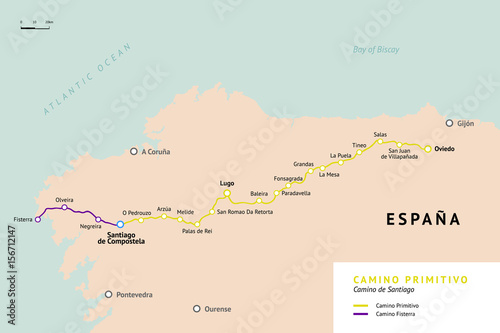 Camino Primitivo map. Original route from Oviedo. Camino De Santiago or The Way of St.James. Ancient pilgrimage path to the Santiago de Compostella on the north of Spain.