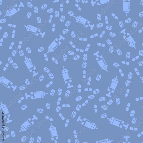 Diffetent Pills Isolated on Blue Background. Seamless Medical Pattern
