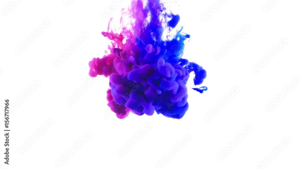 Red and blue paint streaming into water to form colorful inky clouds Red and blue paint streaming into water to form colorful inky clouds