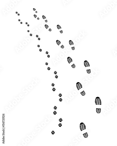 Footprints of man and dog, turn left, vector