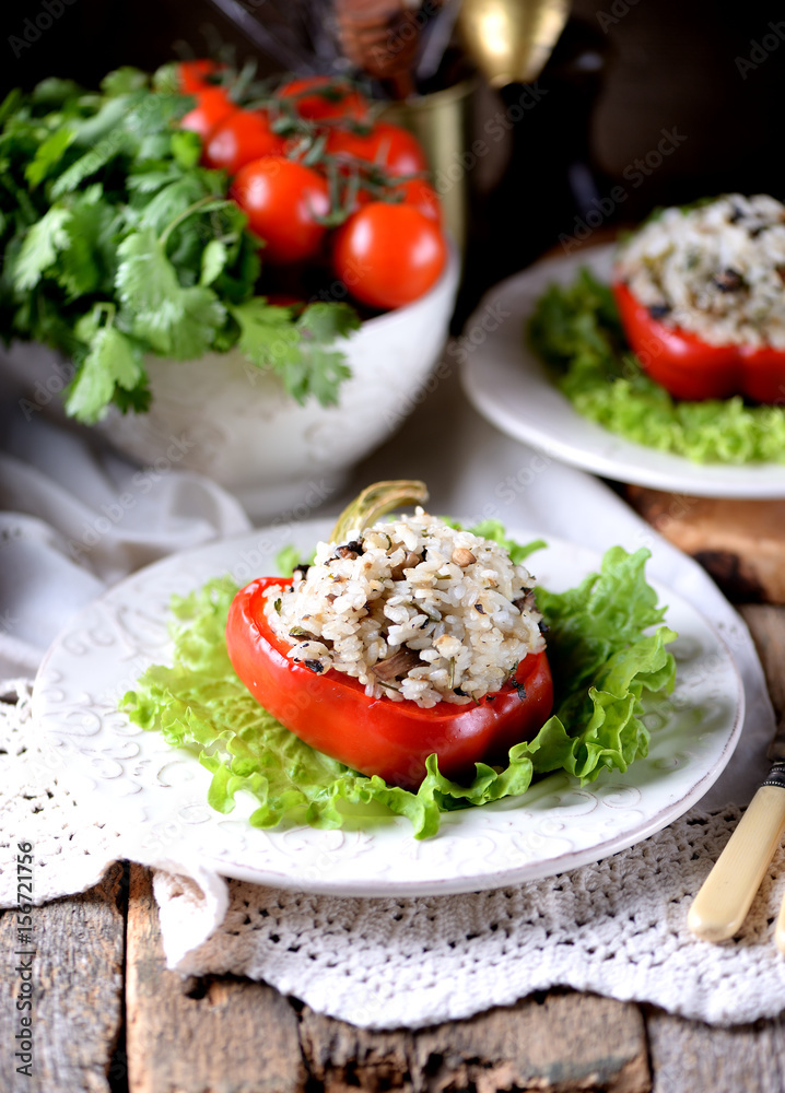 Lenten pepper stuffed with onions and mushrooms baked in the oven.