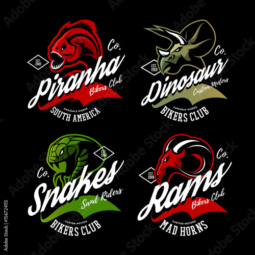 Vintage American furious piranha, dinosaur, snake, ram bikers gang club tee print vector design set. Premium quality wild animal superior logo concept illustration.