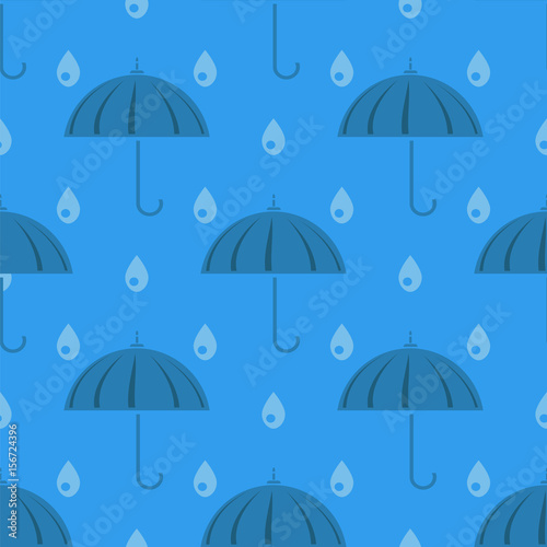 Umbrella and Rain Drops Seamless Pattern on Blue Background