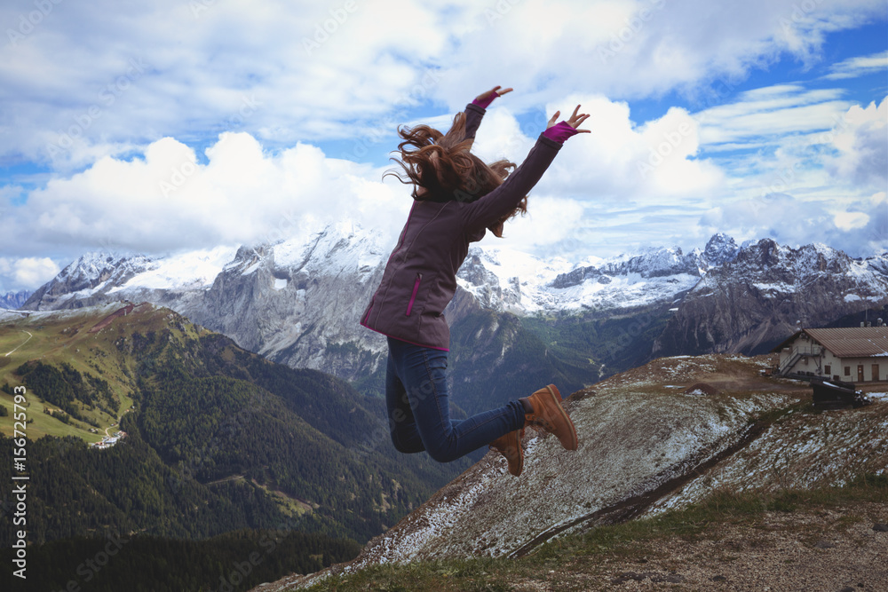 girl hiker at the mountains Dolomites