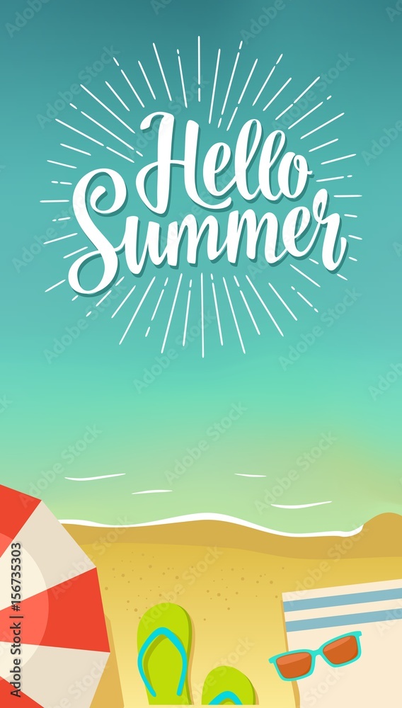 Hello summer hand drawn lettering with rays on beach background.