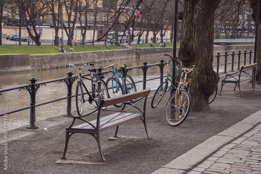 Bicycles on the park by the river bank