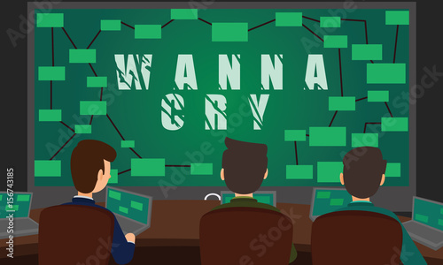 Cyber Security Team fighting with WannaCry Ransomware Attack. Computer network protection internet security conceptual illustration vector