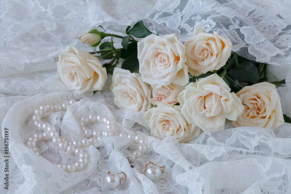 Fresh roses flowers with pearls