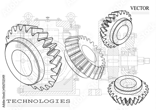 Wallpaper Mural Machine-building drawings on a white background, wheels. Torontodigital.ca