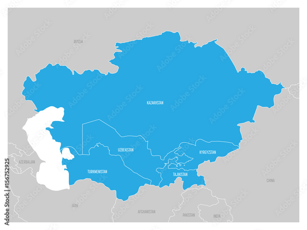 Map of Central Asia region with blue highlighted Kazakhstan, Kyrgyzstan, Tajikistan, Turkmenistan and Uzbekistan. Flat grey map with country white borders.