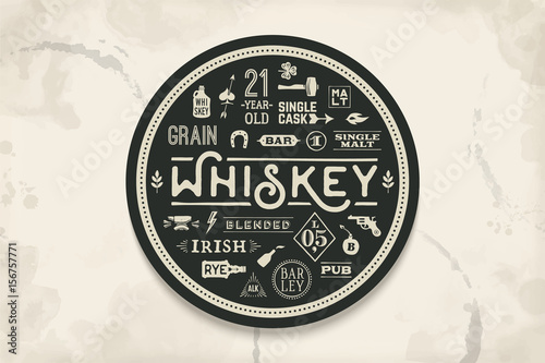Coaster for whiskey and alcoholic beverages. Vintage drawing for bar, pub and whiskey themes. Black and white circle for placing whiskey glass over it with lettering, drawings. Vector Illustration