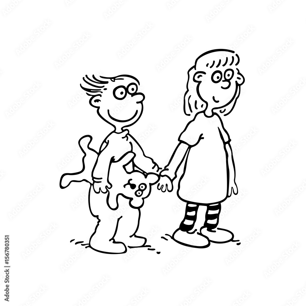 A little girl and boy holding a blue doll.. outlined cartoon handrawn sketch illustration vector.