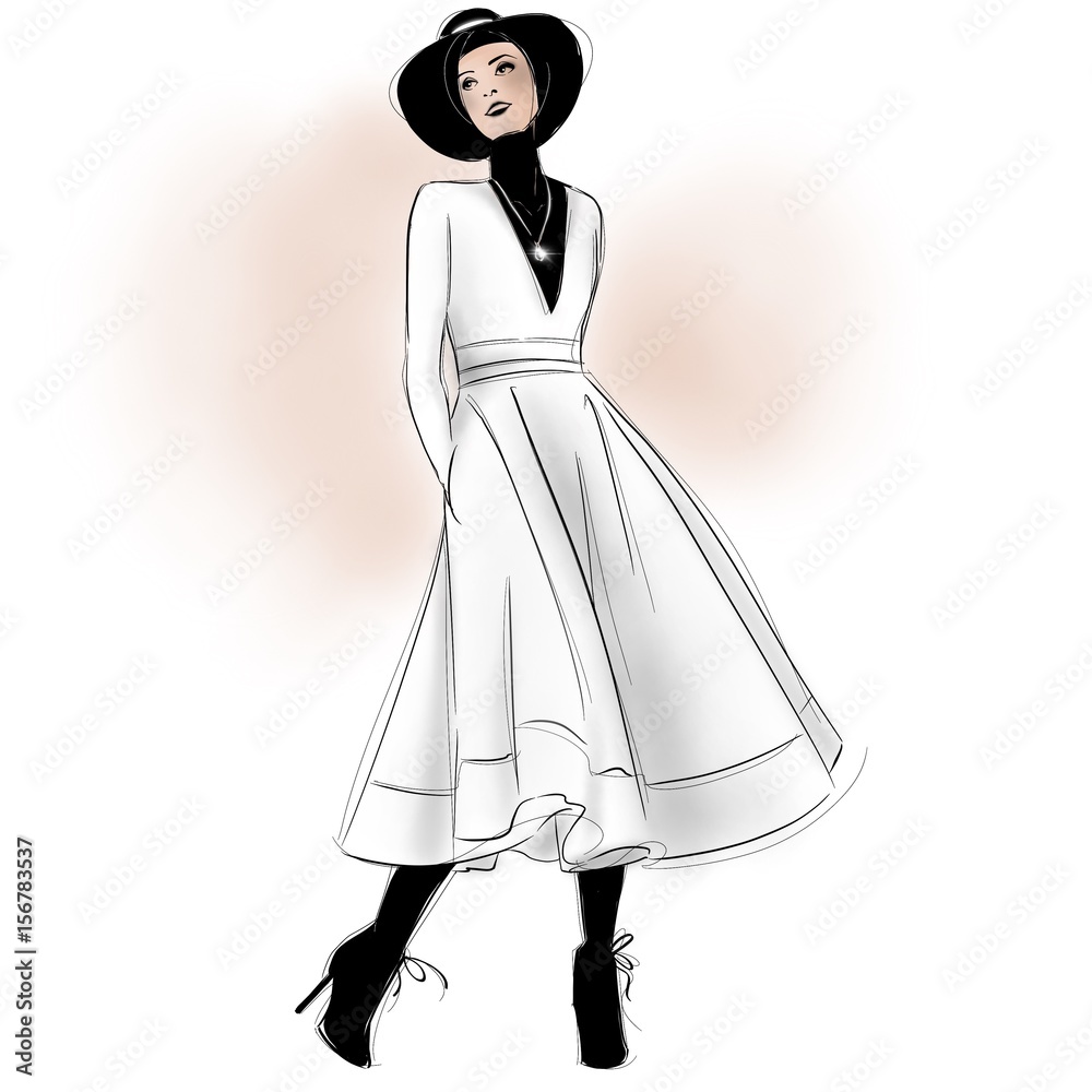 Beautiful Stylish Woman in Hijab Wearing White A Line Dress Black