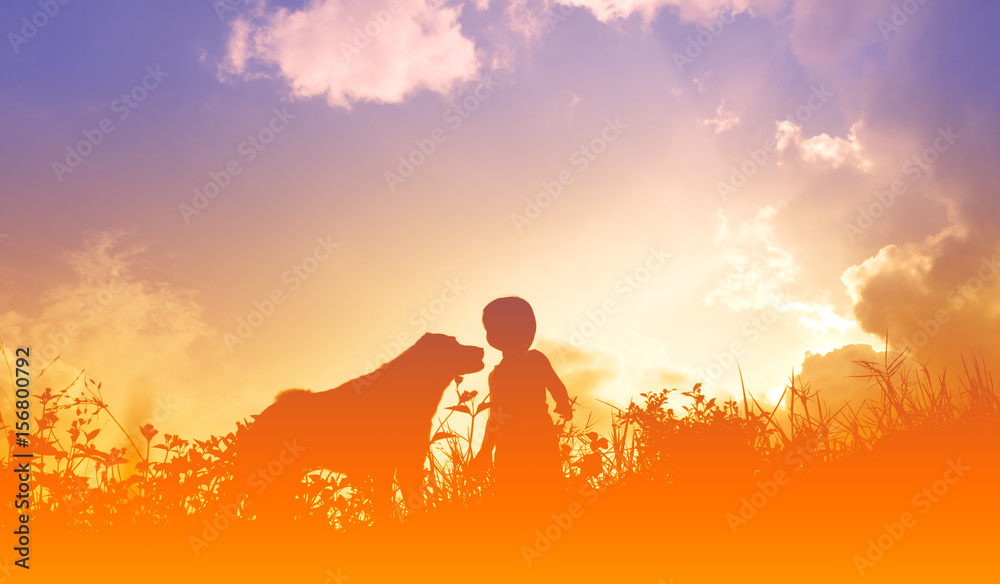 Fototapeta premium silhouettes of a kid and dog sunset