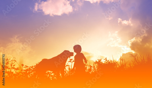 silhouettes of a kid and dog sunset