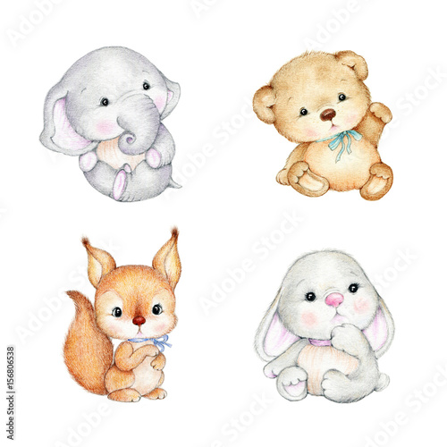 Set of cute baby animals -Teddy bear, bunny, elephant, squirrel