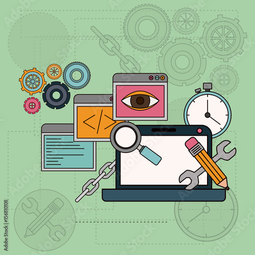 background with software tools for development of the construction in laptop computer vector illustration