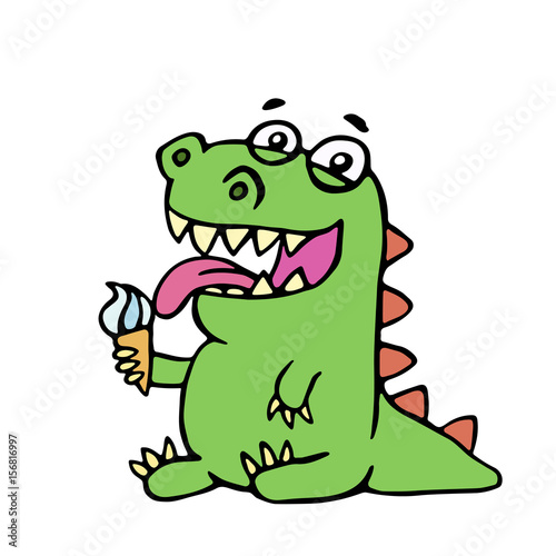 cute dinosaur eating ice cream. vector illustration