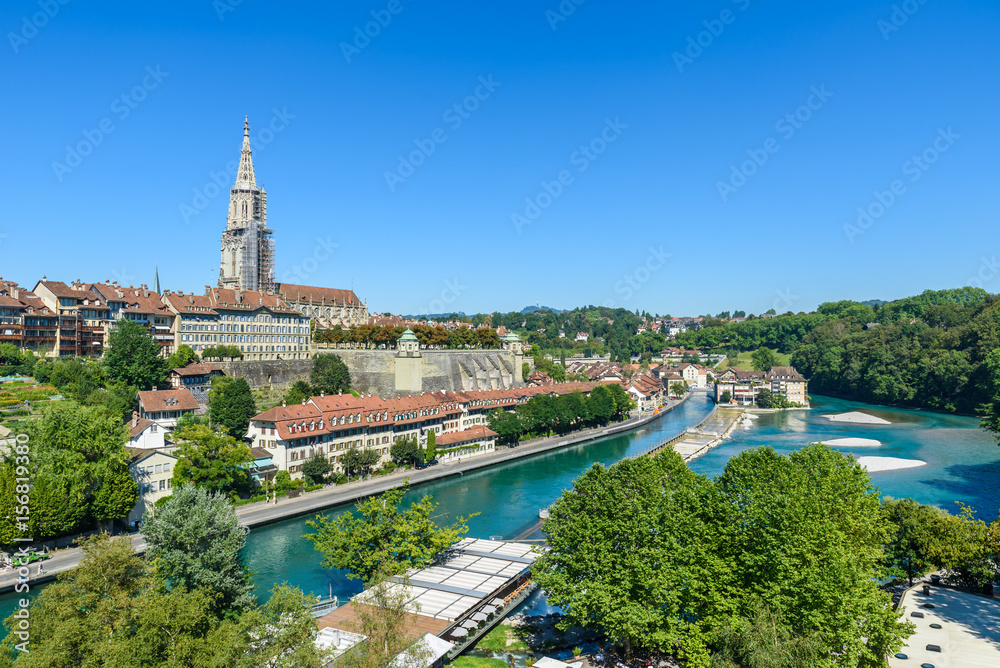 Naklejka premium Bern old city center with river Aare - view of bridge - Capital of Switzerland