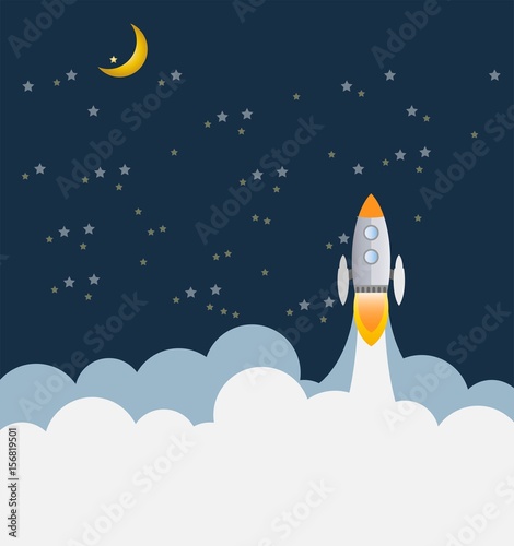 Rocket ship flying to the moon in dark sky.