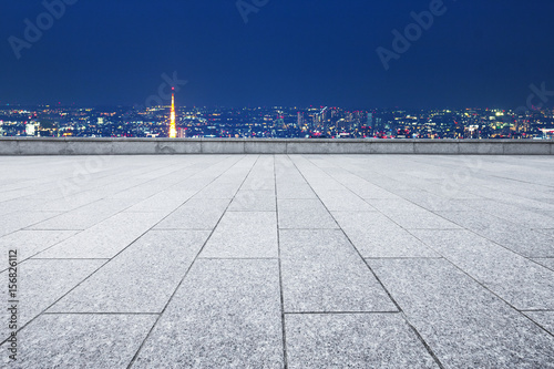 Photography empty floor with cityscape of tokyo at night