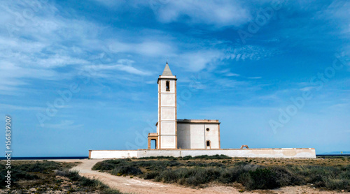 San Miguel Beach and Salinas church, take in Cabo de gata, Almeria, Andalusia, Spain