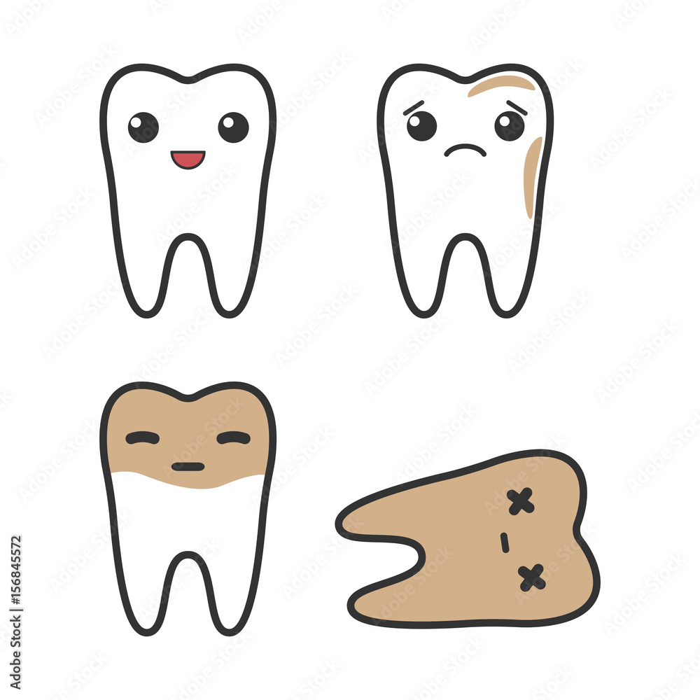 set vector tooth with caries emoton isolated on white background. Character template. Element for your design set vector tooth with caries emoton isolated on white background. Character template. Element for your design