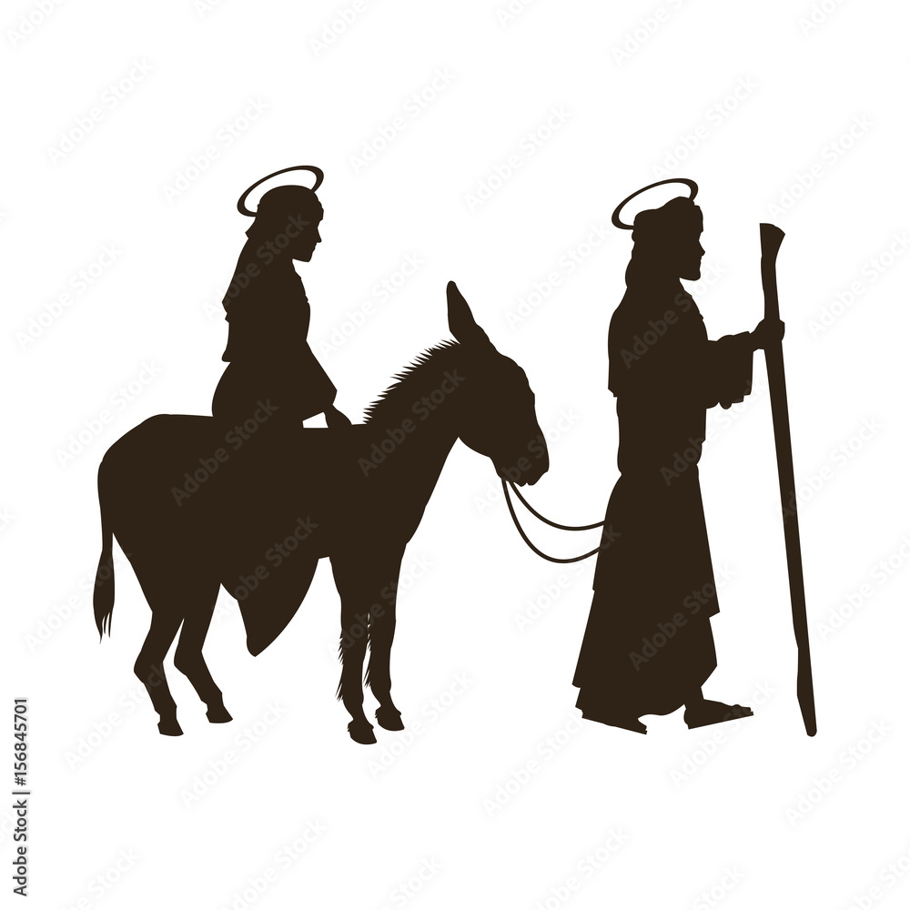 silhouette joseph and virgin mary riding donkey holy image vector