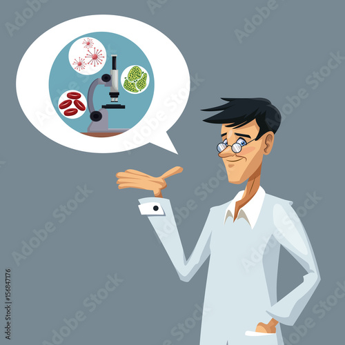 realistic color poster closeup scientist and dialog box with microscope with icons of globules and cells vector illustration