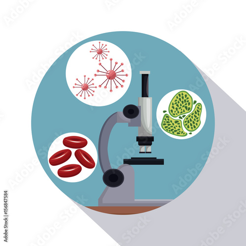 circular frame shading of poster closeup microscope with icons of globules and cells vector illustration