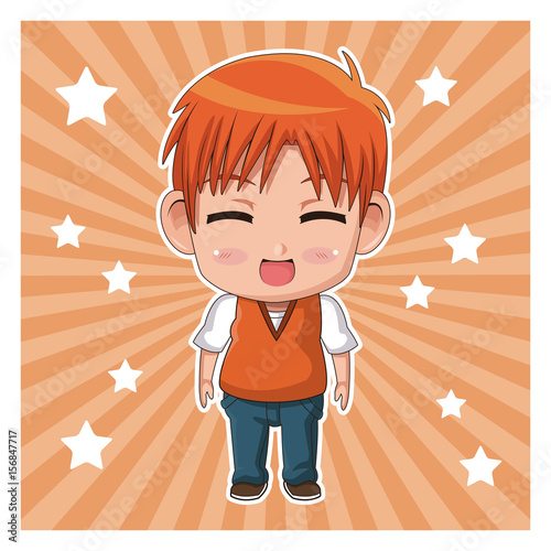 striped color background with stars and cute anime tennager facial expression laugther with eyes closed vector illustration photo