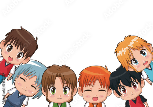 border of cute anime tennagers facial expression vector illustration