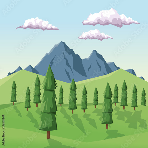 colorful background with daytime landscape of mountain valley vector illustration