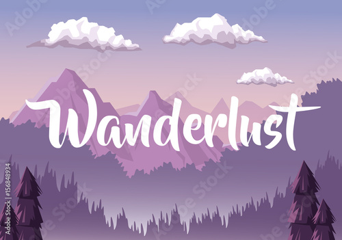 colorful background with dawn landscape with mountain valley covered by haze with text wanderlust vector illustration