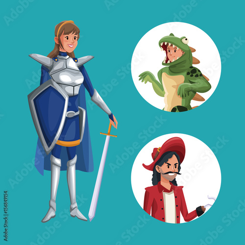 blue poster with warrior princess costume and icons male halloween costume vector illustration