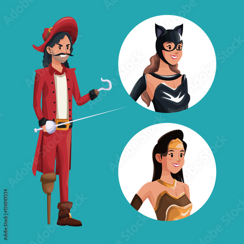 blue poster with pirate man costume and icons female halloween costume vector illustration