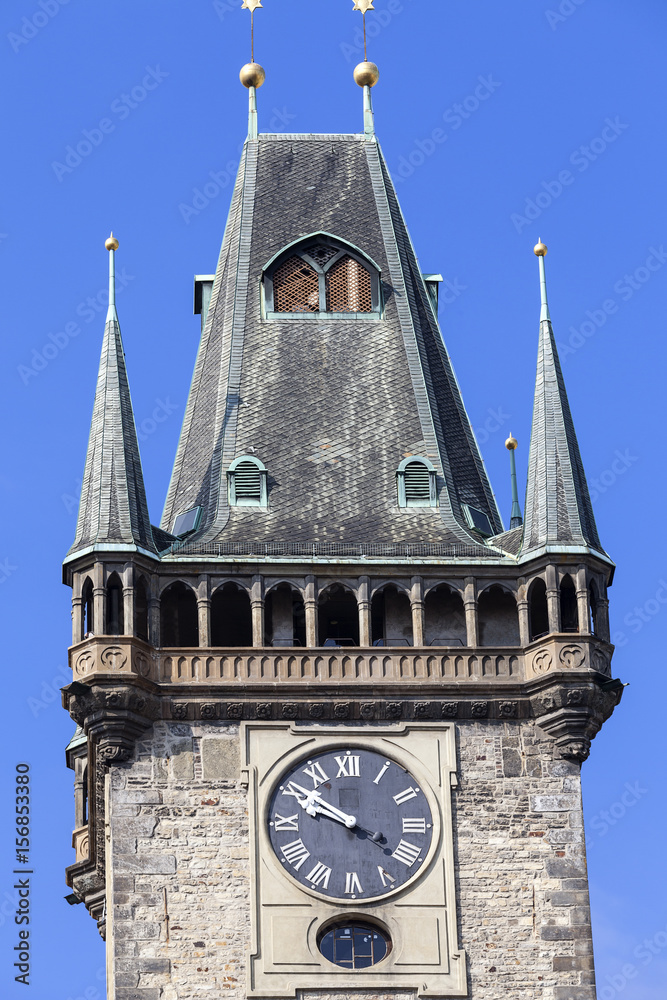 Old Town Hall, clock on tower, Prague, Czech Republic.
