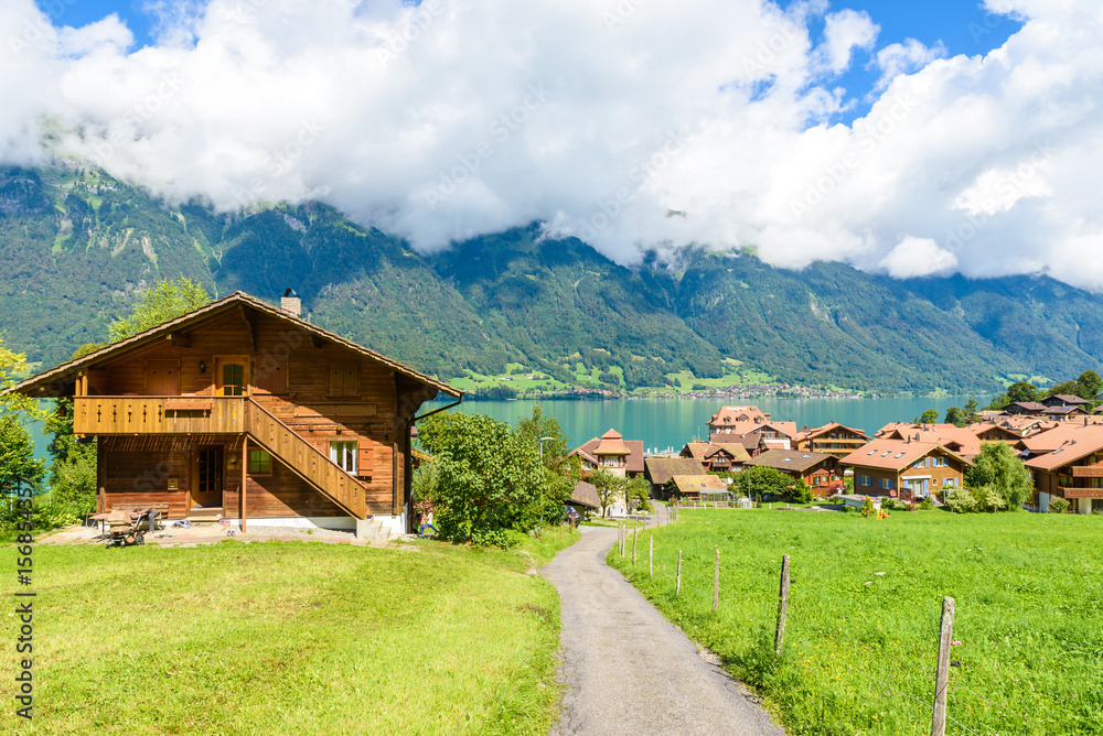 Village Iseltwald at Lake Brienz - beautiful lake in the alps at Interlaken, Switzerland
