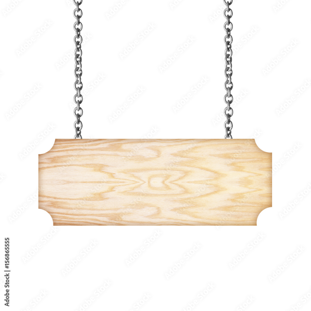Wooden sign hanging on a chain isolated on white background Wooden sign hanging on a chain isolated on white background