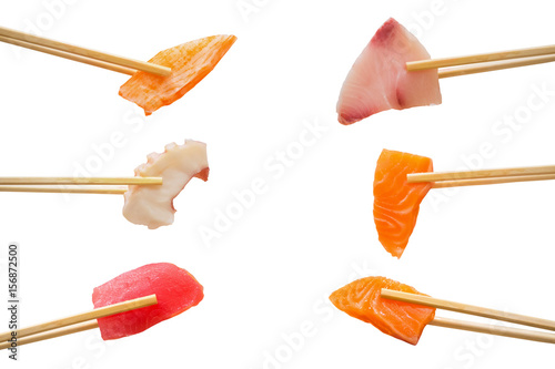sashimi slice in chopsticks isolated on white background