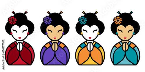 Arigato Set of cute appreciative japanese geisha with palms folded before the face. Thank you sign. Vector flat illustration on white background. Japan emoji design. Gratitude icon
